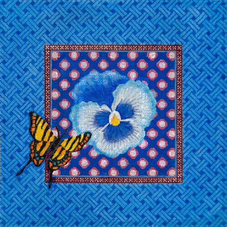 Blue Pansy w/Zebra Butterfly needlepoint
